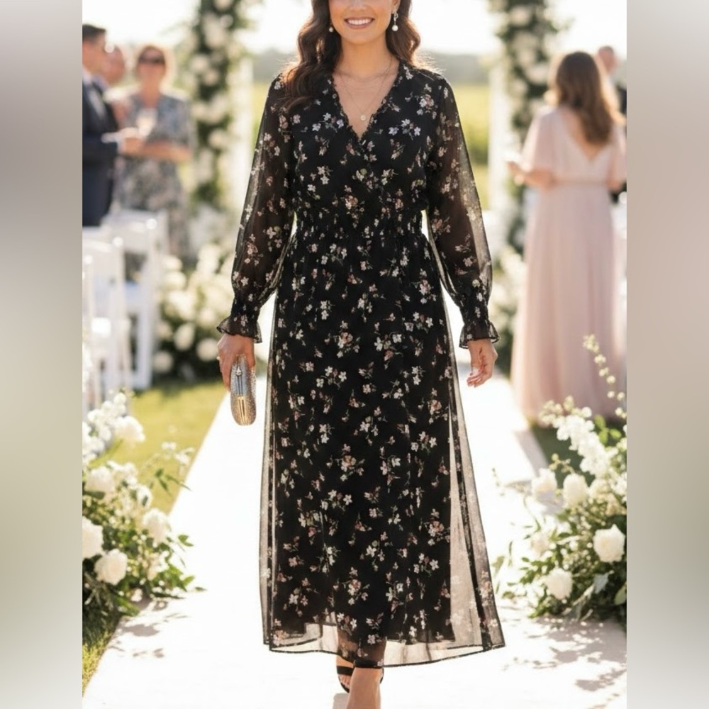 Madewell Black Floral Smocked Waist  Midi Dress/Size Large - Picture 11 of 11